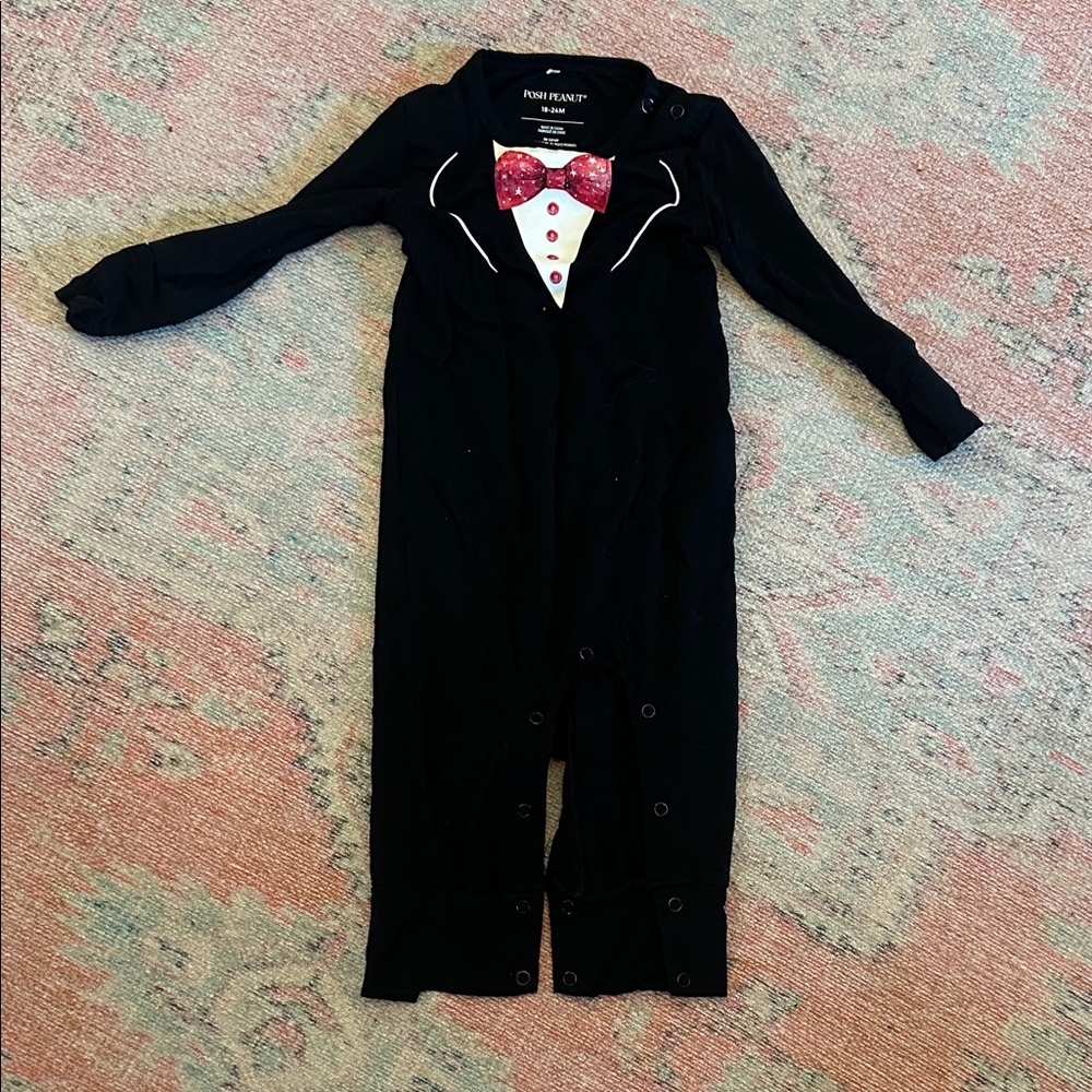 Posh Peanut Black One Piece with Red Bowtie